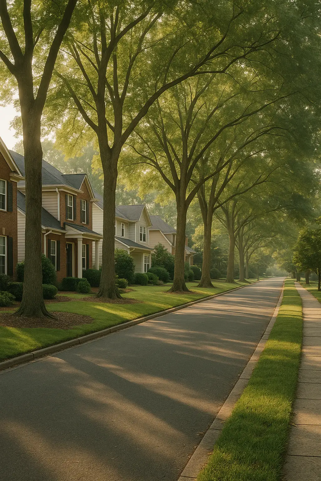 A quiet Charlotte residential street lined with mature trees in morning light