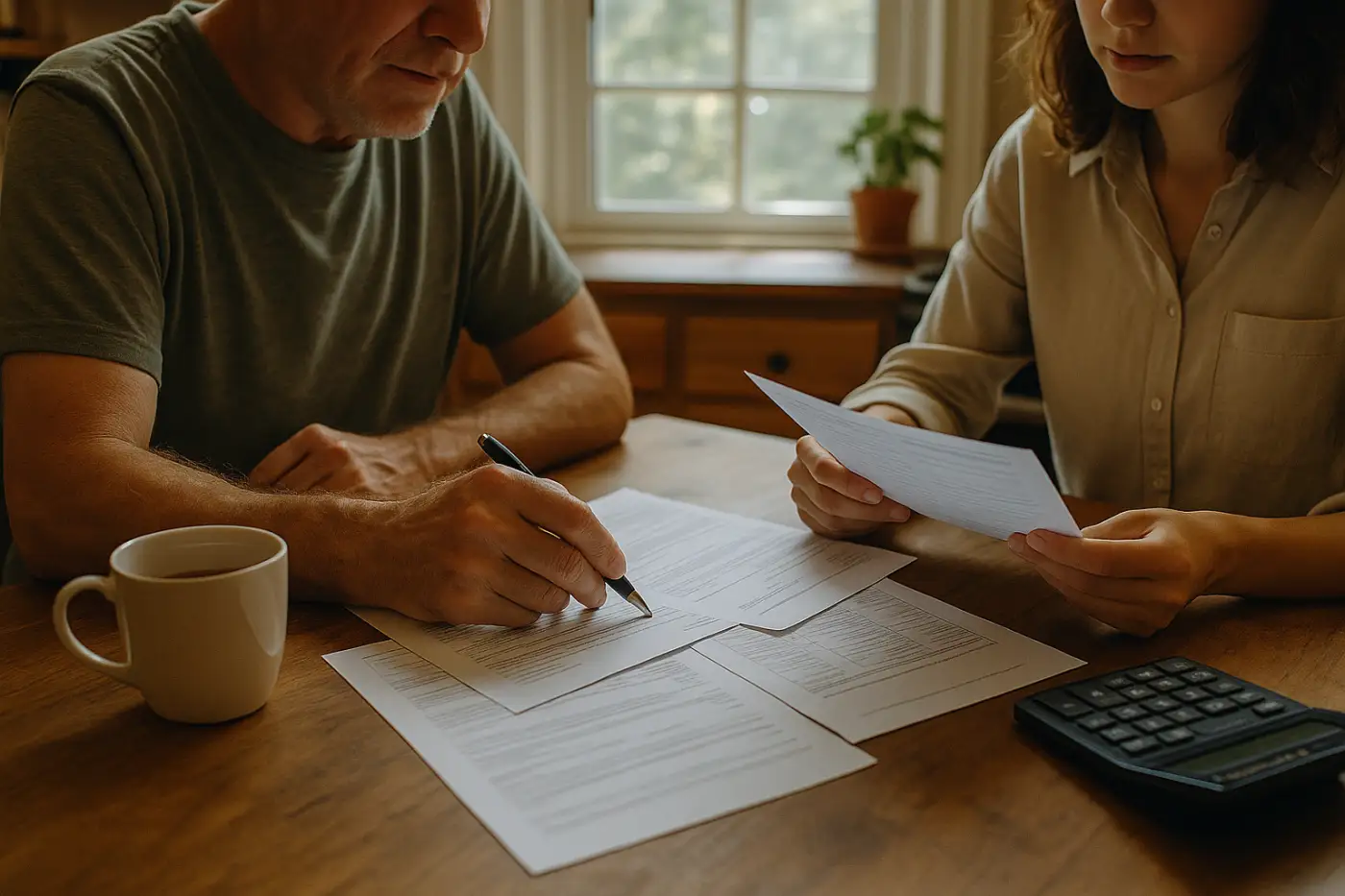 Two people reviewing paperwork together at a kitchen table